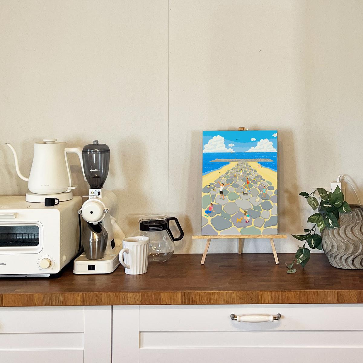 湘南・茅ヶ崎で描く、海を感じるイラストアート 『 湘南ランドスケープ03：茅ヶ崎　ヘッドランド 』　キャンバスアートパネル（中） /絵画 風景 犬 猫