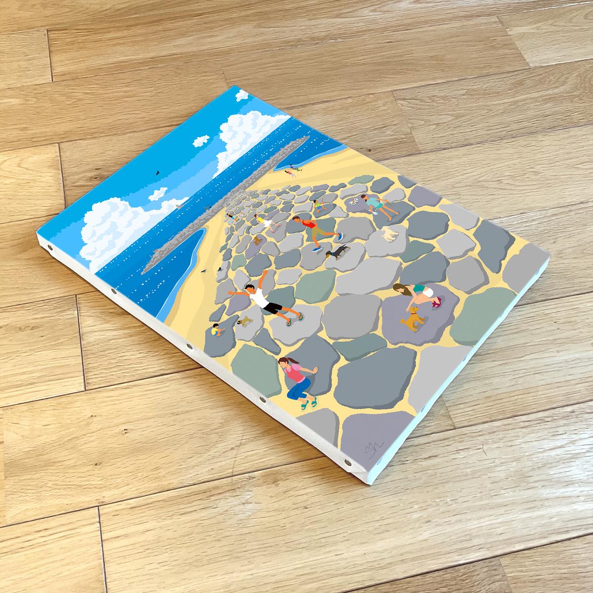 湘南・茅ヶ崎で描く、海を感じるイラストアート 『 湘南ランドスケープ03：茅ヶ崎　ヘッドランド 』　キャンバスアートパネル（中） /絵画 風景 犬 猫