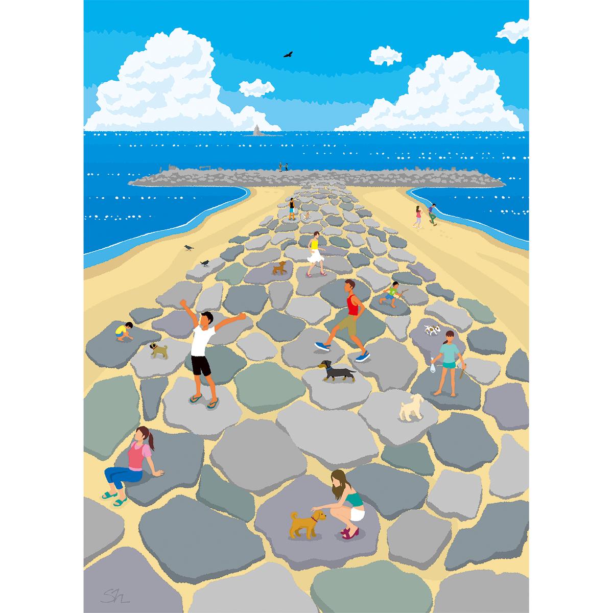 湘南・茅ヶ崎で描く、海を感じるイラストアート 『 湘南ランドスケープ03：茅ヶ崎　ヘッドランド 』　キャンバスアートパネル（中） /絵画 風景 犬 猫