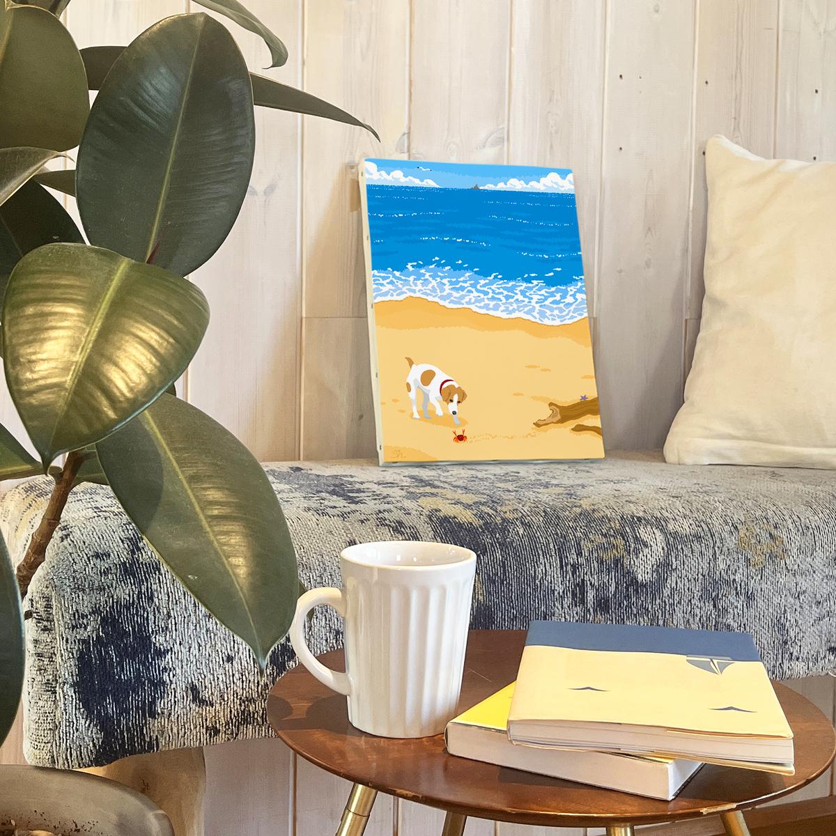 湘南・茅ヶ崎で描く、海を感じるイラストアート 『 湘南ランドスケープ04：渚の遭遇 』　キャンバスアートパネル（中） /絵画 風景 犬 猫