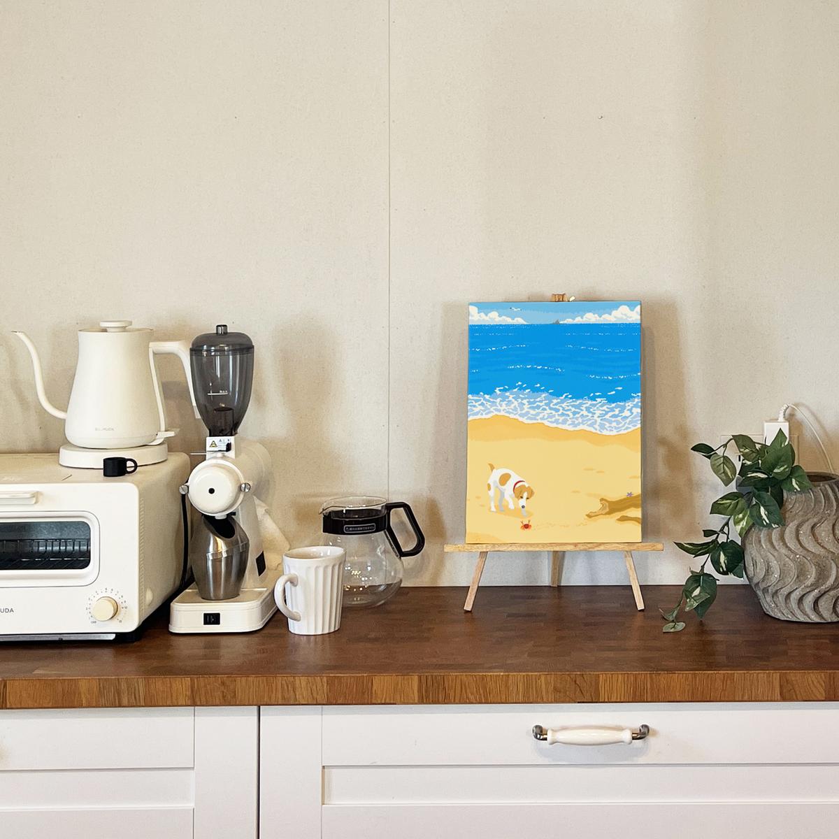 湘南・茅ヶ崎で描く、海を感じるイラストアート 『 湘南ランドスケープ04：渚の遭遇 』　キャンバスアートパネル（中） /絵画 風景 犬 猫