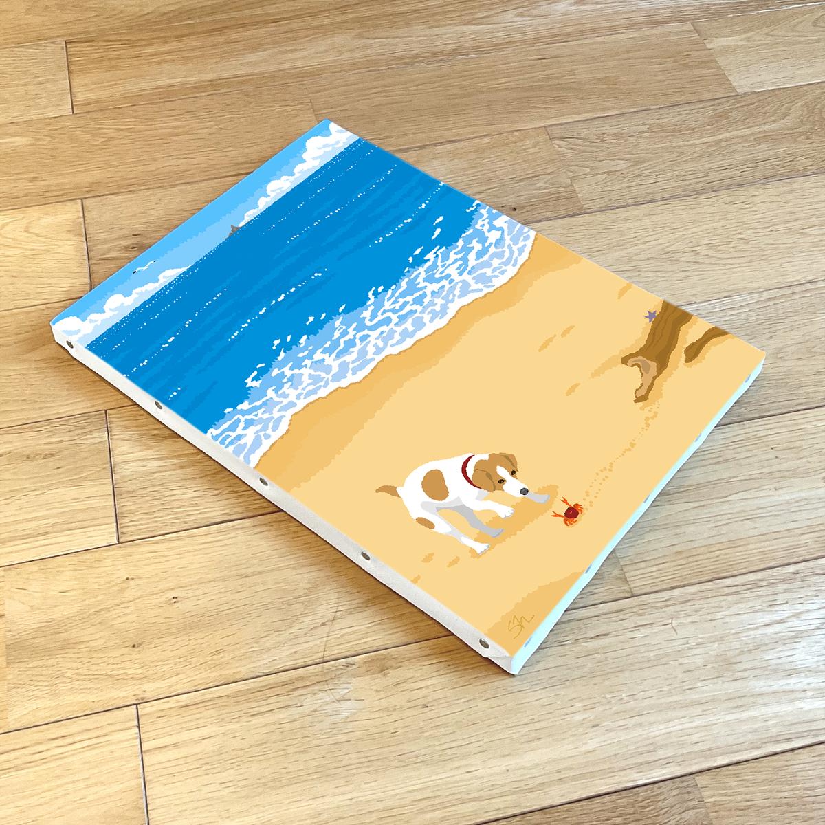 湘南・茅ヶ崎で描く、海を感じるイラストアート 『 湘南ランドスケープ04：渚の遭遇 』　キャンバスアートパネル（中） /絵画 風景 犬 猫
