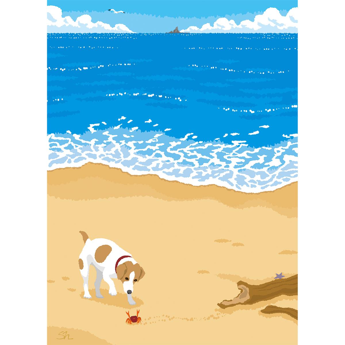 湘南・茅ヶ崎で描く、海を感じるイラストアート 『 湘南ランドスケープ04：渚の遭遇 』　キャンバスアートパネル（中） /絵画 風景 犬 猫