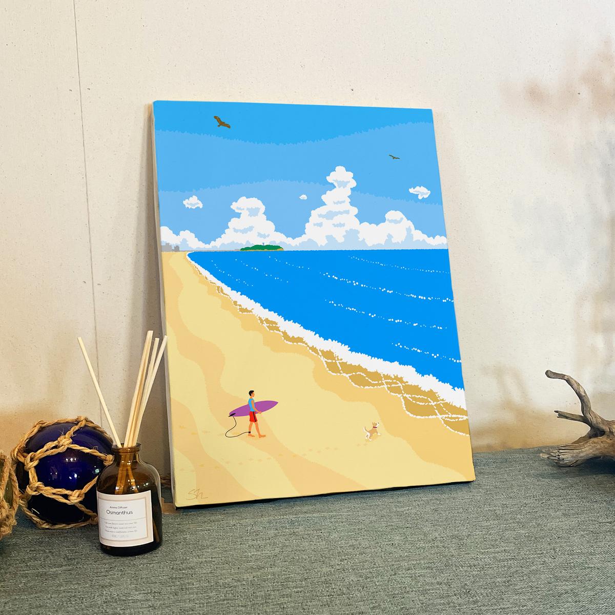 湘南・茅ヶ崎で描く、海を感じるイラストアート 『 湘南ランドスケープ05：波に向かって 』　キャンバスアートパネル（中） /絵画 風景 犬 猫