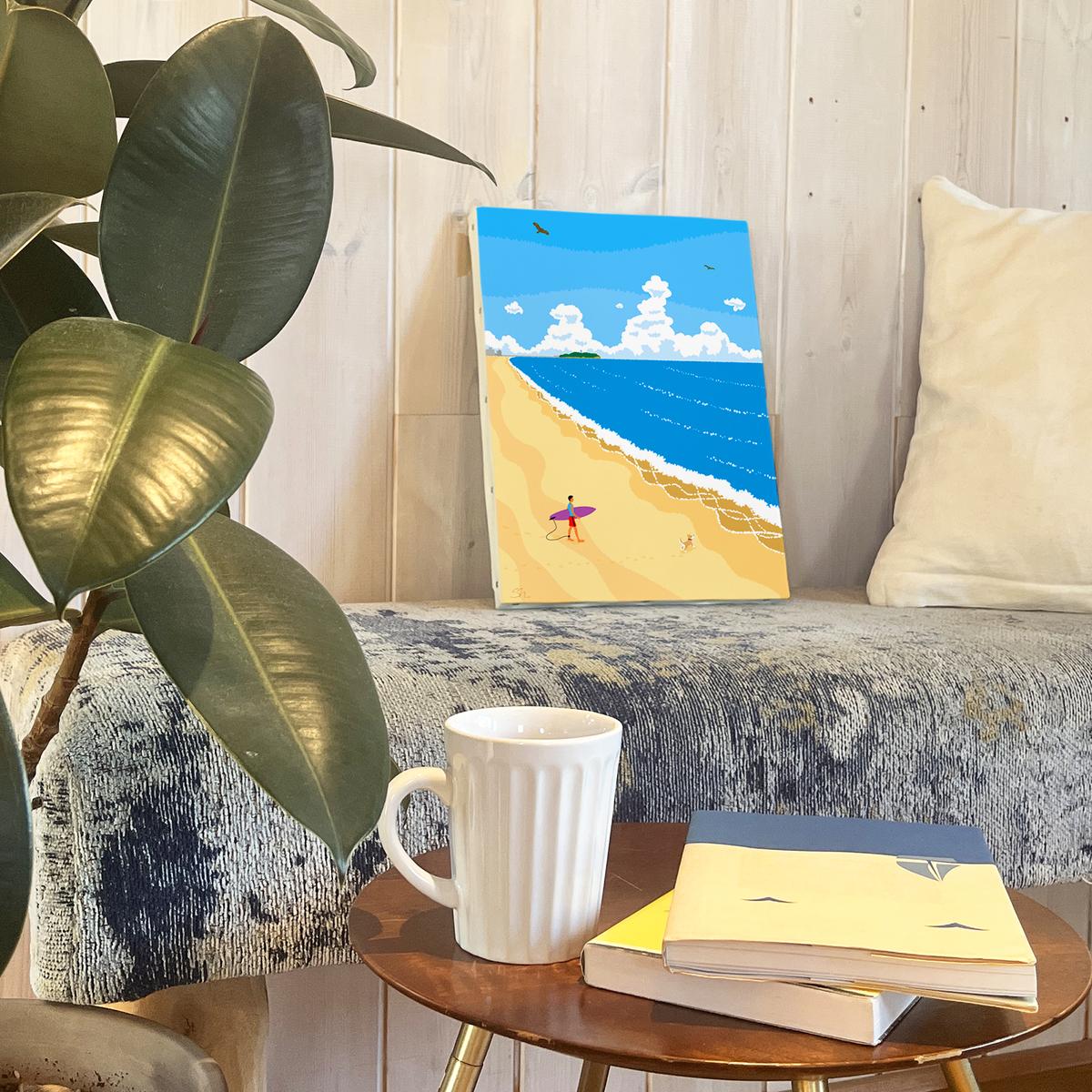 湘南・茅ヶ崎で描く、海を感じるイラストアート 『 湘南ランドスケープ05：波に向かって 』　キャンバスアートパネル（中） /絵画 風景 犬 猫