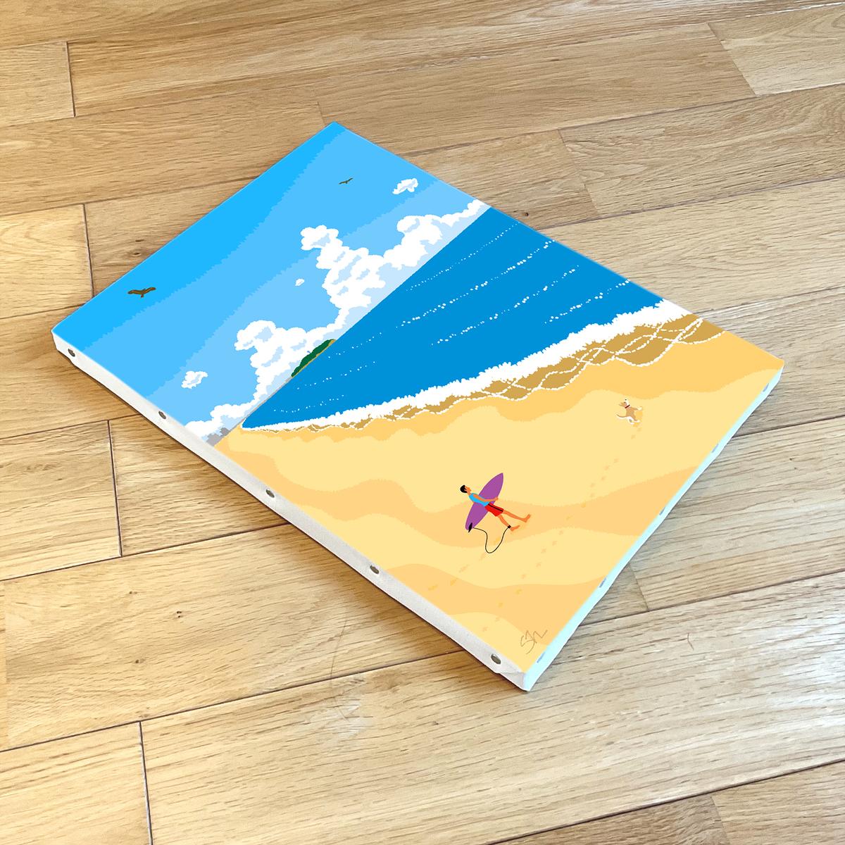 湘南・茅ヶ崎で描く、海を感じるイラストアート 『 湘南ランドスケープ05：波に向かって 』　キャンバスアートパネル（中） /絵画 風景 犬 猫