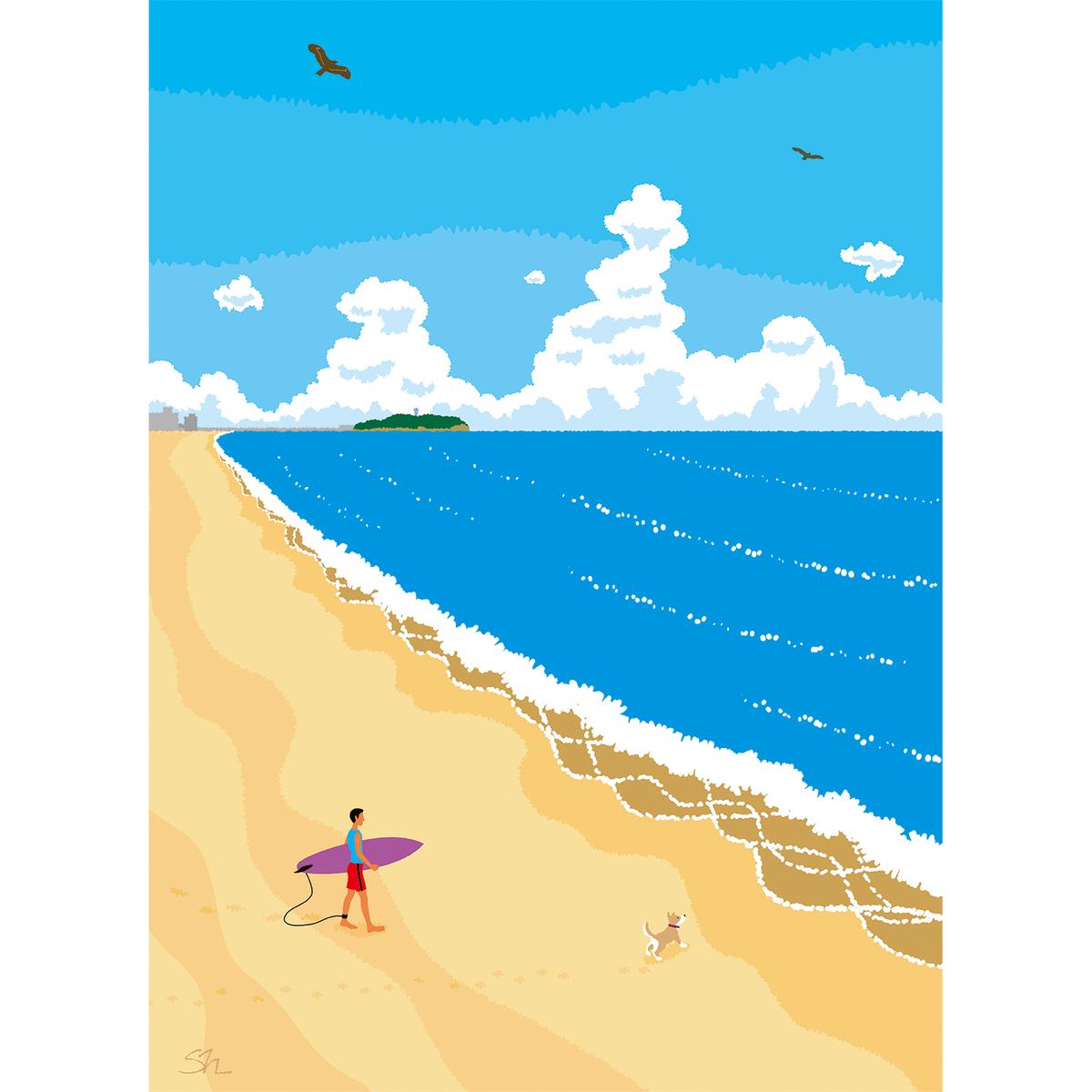 湘南・茅ヶ崎で描く、海を感じるイラストアート 『 湘南ランドスケープ05：波に向かって 』　キャンバスアートパネル（中） /絵画 風景 犬 猫