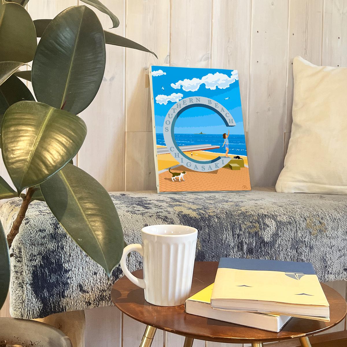 湘南・茅ヶ崎で描く、海を感じるイラストアート 『 湘南ランドスケープ06：届くかな...サザンC 』　キャンバスアートパネル（中） /絵画 風景 犬 猫