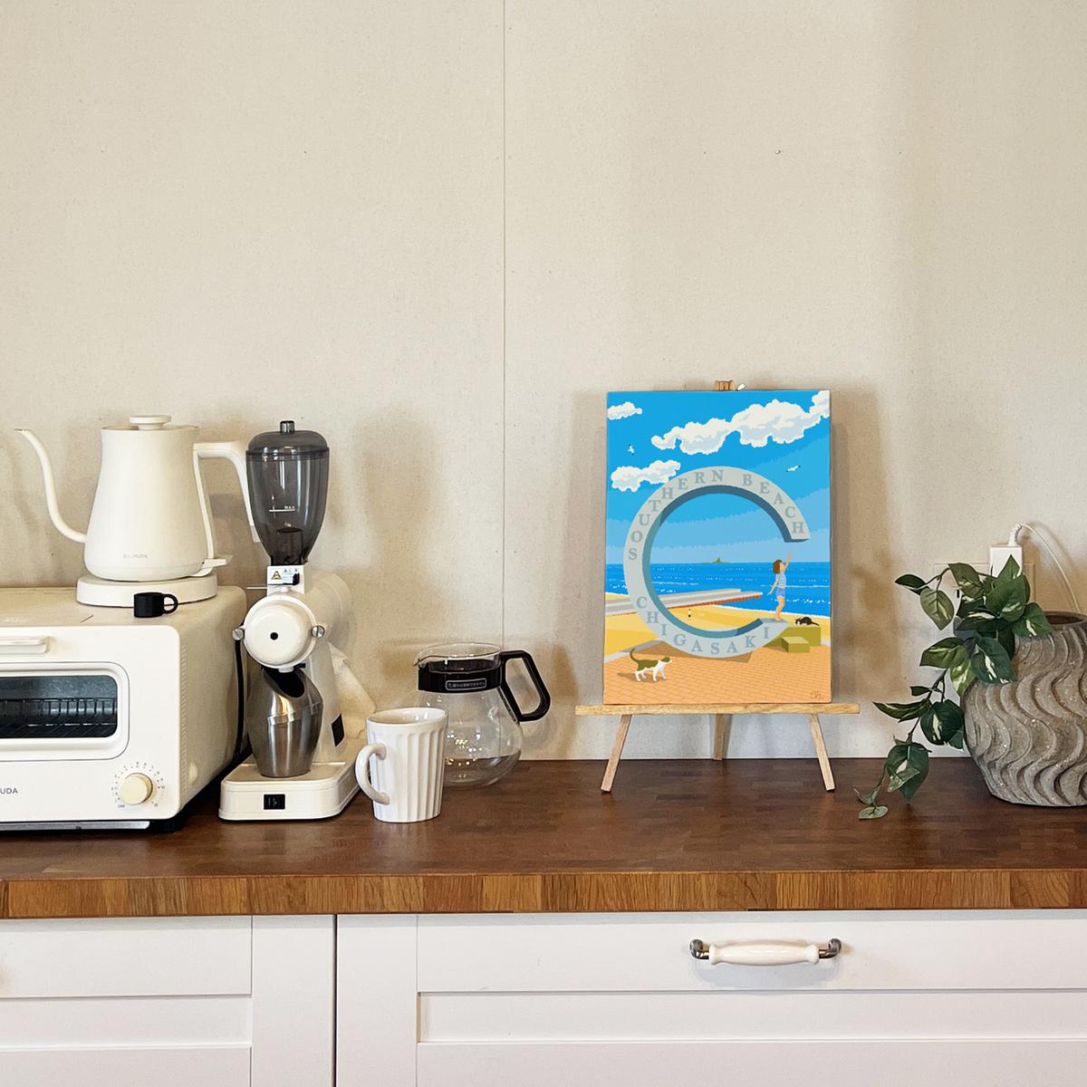 湘南・茅ヶ崎で描く、海を感じるイラストアート 『 湘南ランドスケープ06：届くかな...サザンC 』　キャンバスアートパネル（中） /絵画 風景 犬 猫