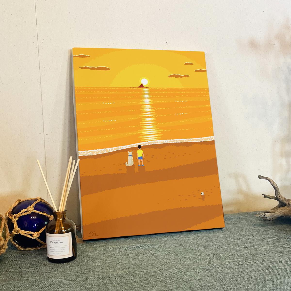 湘南・茅ヶ崎で描く、海を感じるイラストアート 『 湘南ランドスケープ07：夕焼け、光の道 』　キャンバスアートパネル（中） /絵画 風景 犬 猫