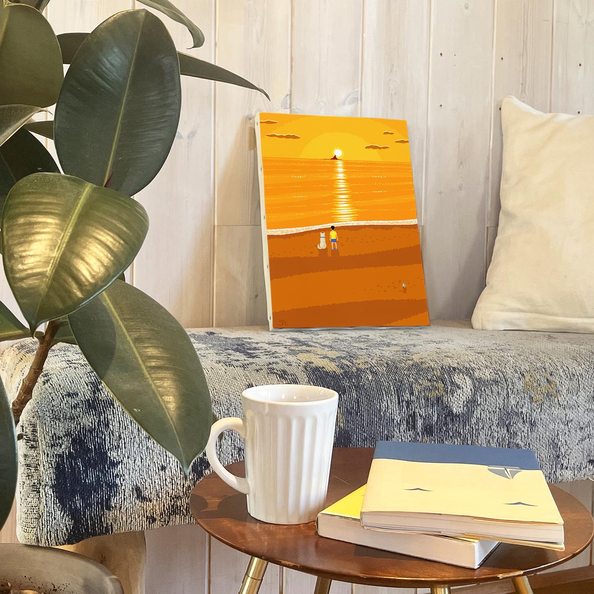 湘南・茅ヶ崎で描く、海を感じるイラストアート 『 湘南ランドスケープ07：夕焼け、光の道 』　キャンバスアートパネル（中） /絵画 風景 犬 猫