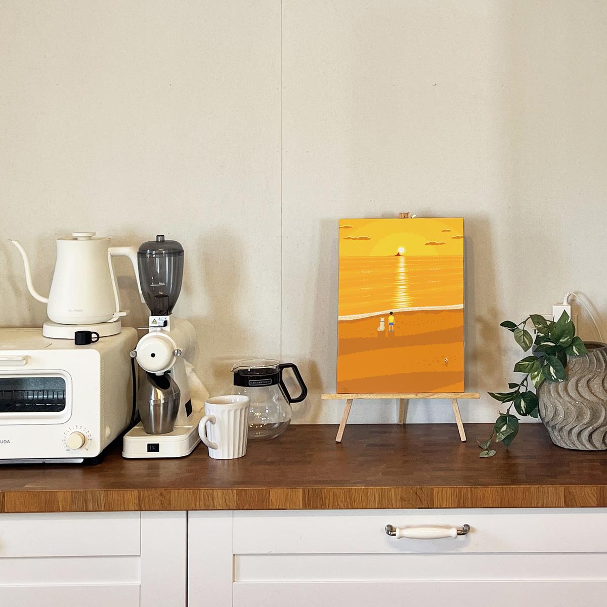 湘南・茅ヶ崎で描く、海を感じるイラストアート 『 湘南ランドスケープ07：夕焼け、光の道 』　キャンバスアートパネル（中） /絵画 風景 犬 猫