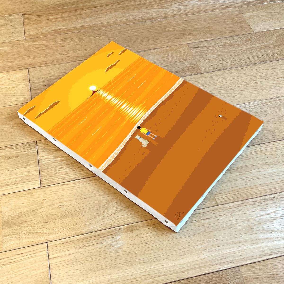 湘南・茅ヶ崎で描く、海を感じるイラストアート 『 湘南ランドスケープ07：夕焼け、光の道 』　キャンバスアートパネル（中） /絵画 風景 犬 猫