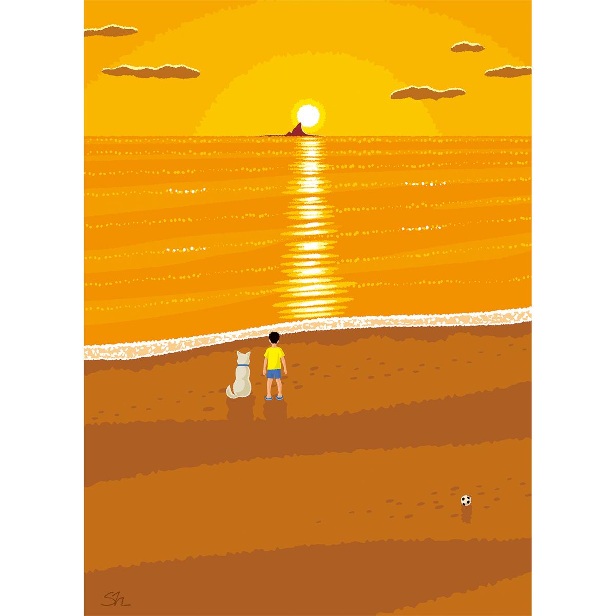 湘南・茅ヶ崎で描く、海を感じるイラストアート 『 湘南ランドスケープ07：夕焼け、光の道 』　キャンバスアートパネル（中） /絵画 風景 犬 猫