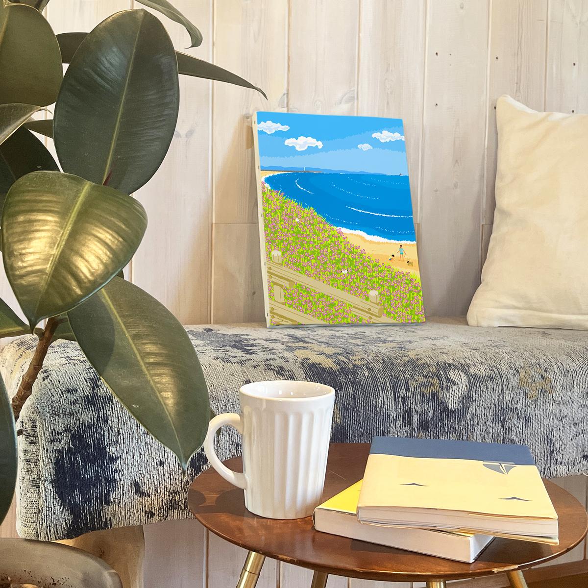 湘南・茅ヶ崎で描く、海を感じるイラストアート 『 湘南ランドスケープ08：海辺のハマダイコン 』　キャンバスアートパネル（中） /絵画 風景 犬 猫