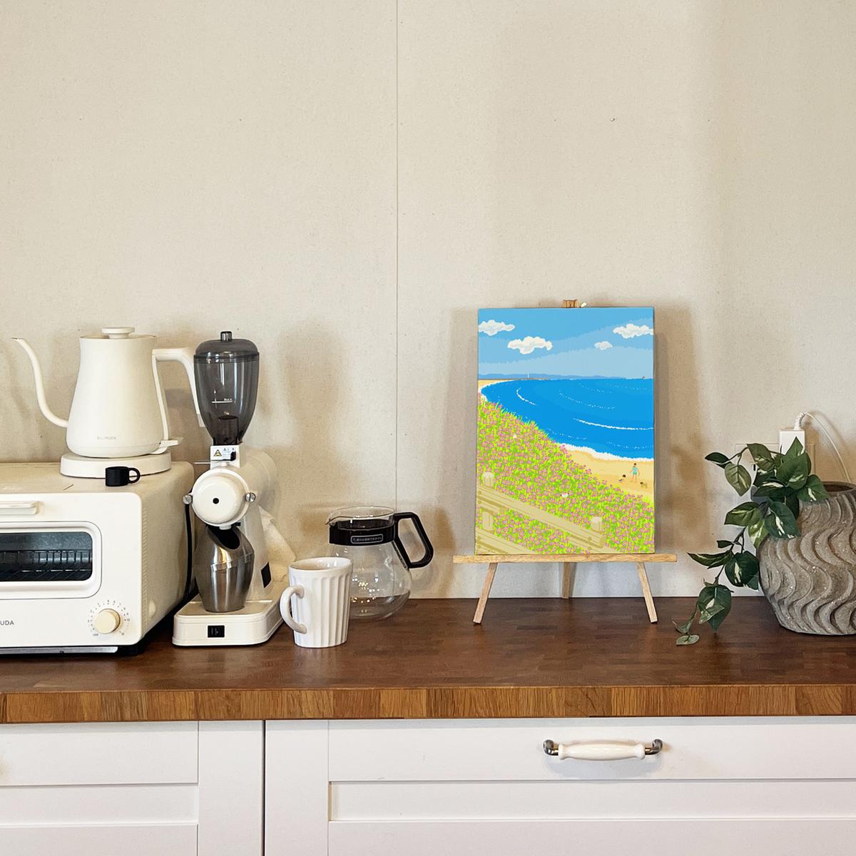 湘南・茅ヶ崎で描く、海を感じるイラストアート 『 湘南ランドスケープ08：海辺のハマダイコン 』　キャンバスアートパネル（中） /絵画 風景 犬 猫