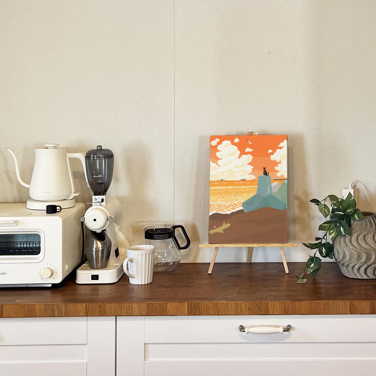 湘南・茅ヶ崎で描く、海を感じるイラストアート 『 湘南ランドスケープ09：夕暮れのサザンビーチ 』　キャンバスアートパネル（中） /絵画 風景 犬 猫