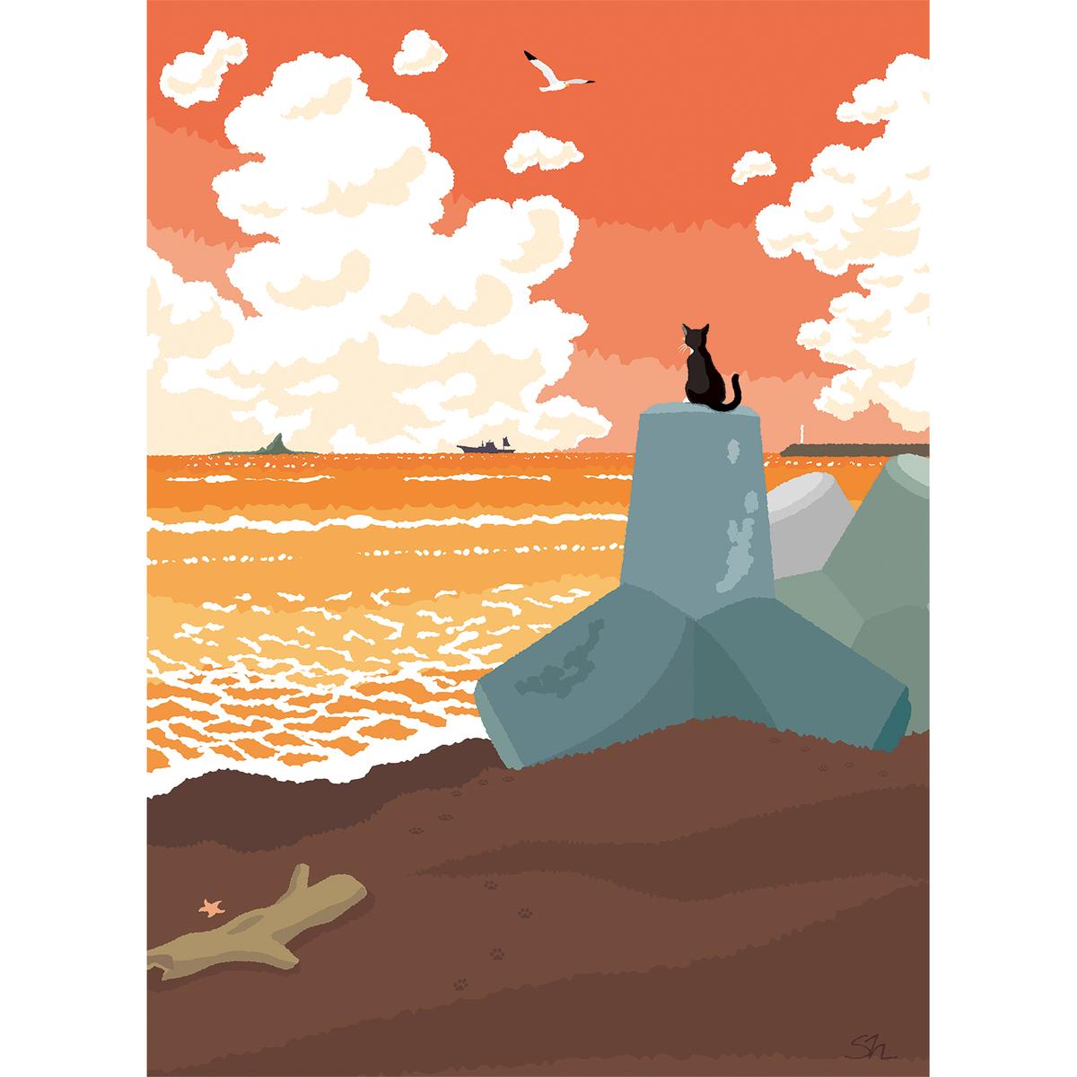 湘南・茅ヶ崎で描く、海を感じるイラストアート 『 湘南ランドスケープ09：夕暮れのサザンビーチ 』　キャンバスアートパネル（中） /絵画 風景 犬 猫
