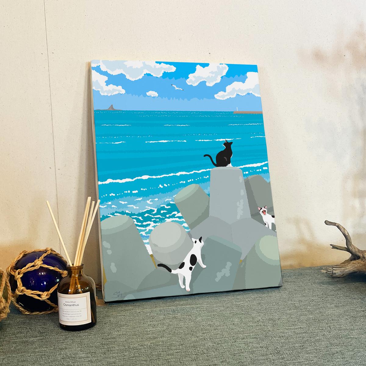 湘南・茅ヶ崎で描く、海を感じるイラストアート 『 湘南ランドスケープ10：午後の集会、俺たちの海 』　キャンバスアートパネル（中） /絵画 風景 犬 猫