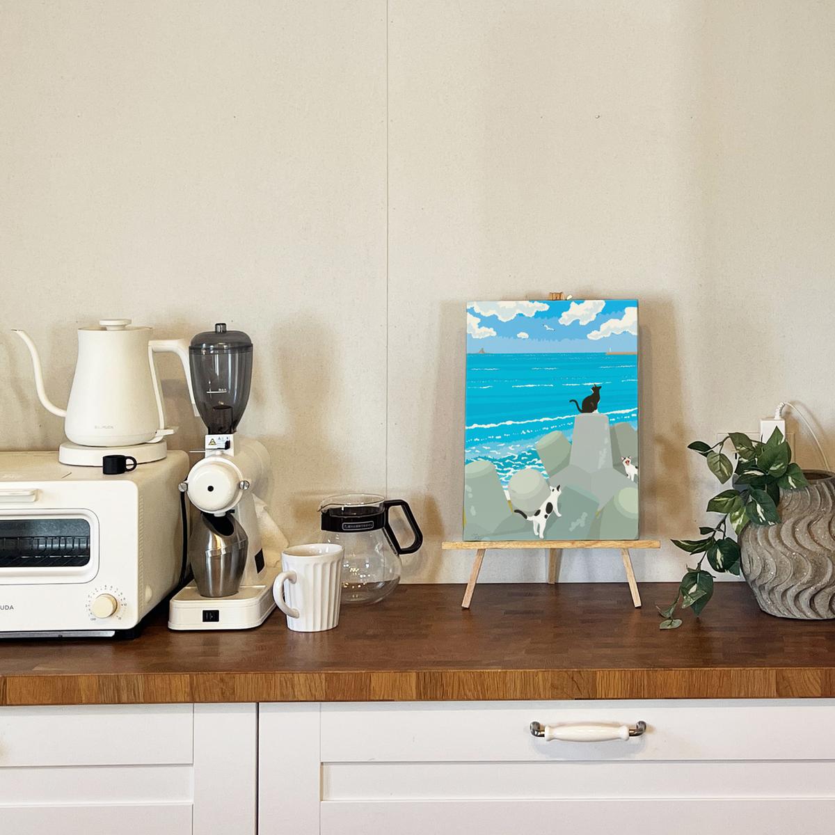 湘南・茅ヶ崎で描く、海を感じるイラストアート 『 湘南ランドスケープ10：午後の集会、俺たちの海 』　キャンバスアートパネル（中） /絵画 風景 犬 猫