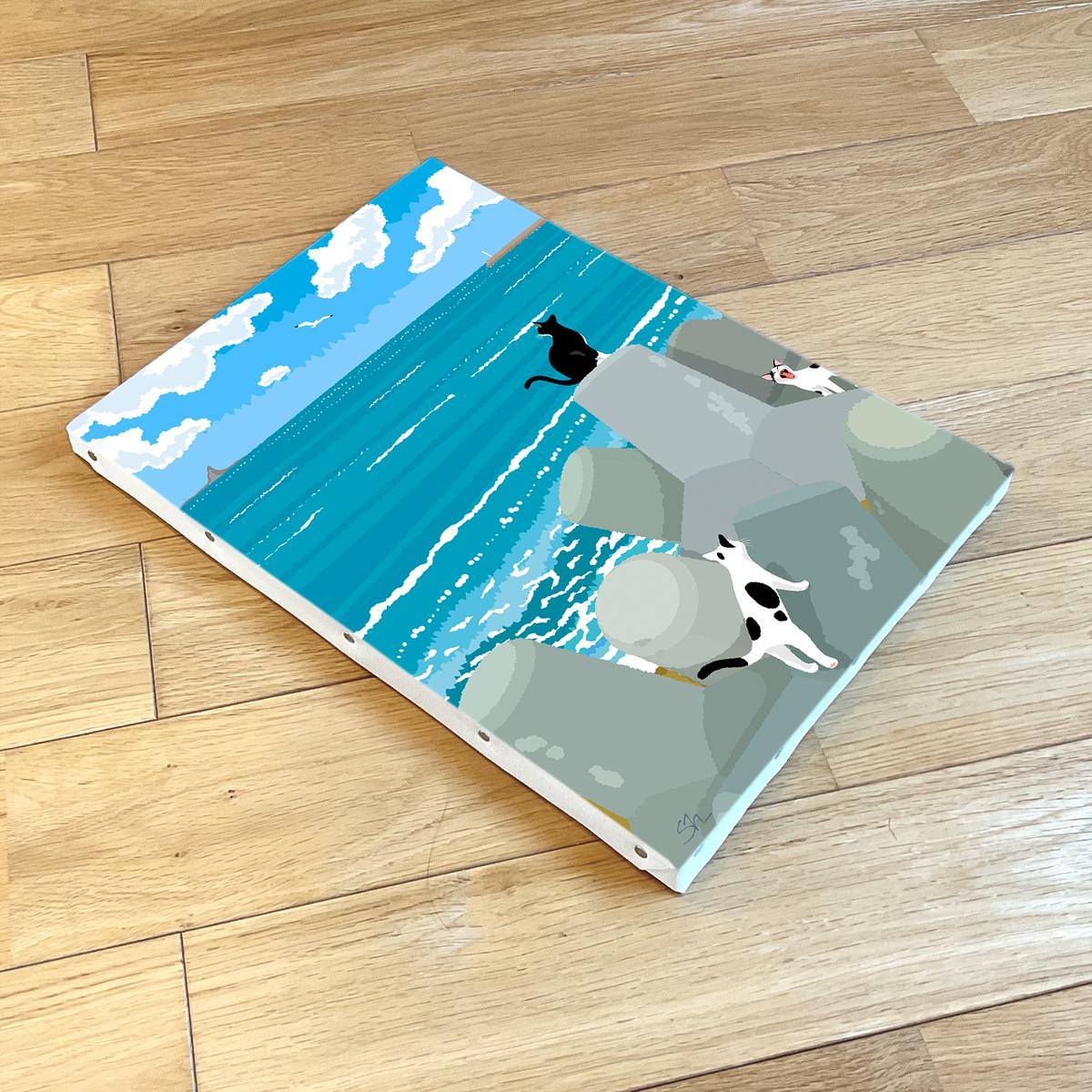 湘南・茅ヶ崎で描く、海を感じるイラストアート 『 湘南ランドスケープ10：午後の集会、俺たちの海 』　キャンバスアートパネル（中） /絵画 風景 犬 猫
