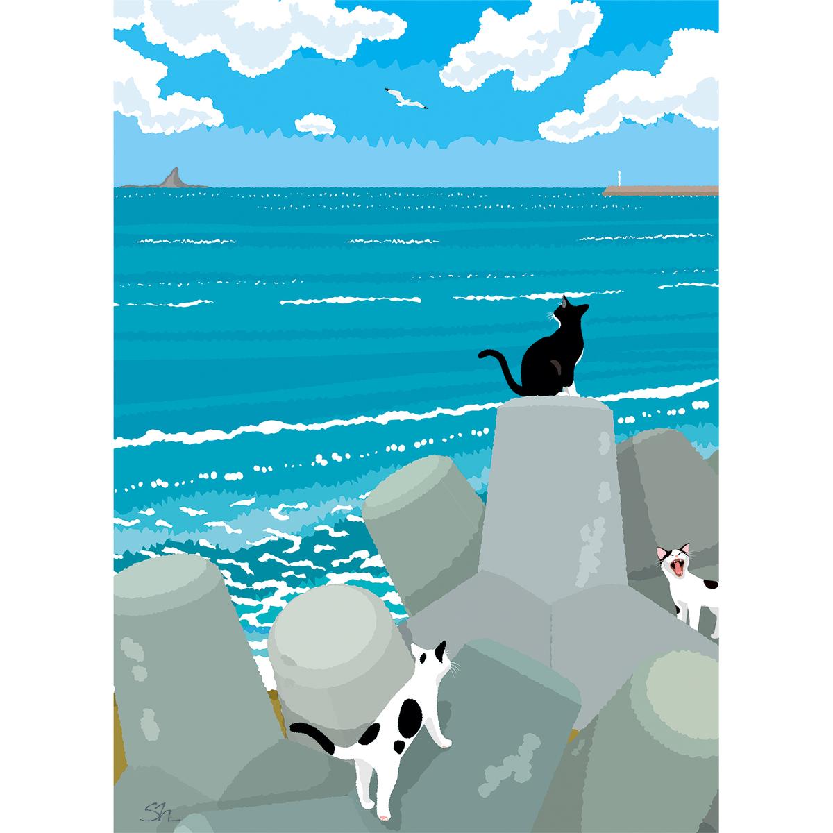 湘南・茅ヶ崎で描く、海を感じるイラストアート 『 湘南ランドスケープ10：午後の集会、俺たちの海 』　キャンバスアートパネル（中） /絵画 風景 犬 猫