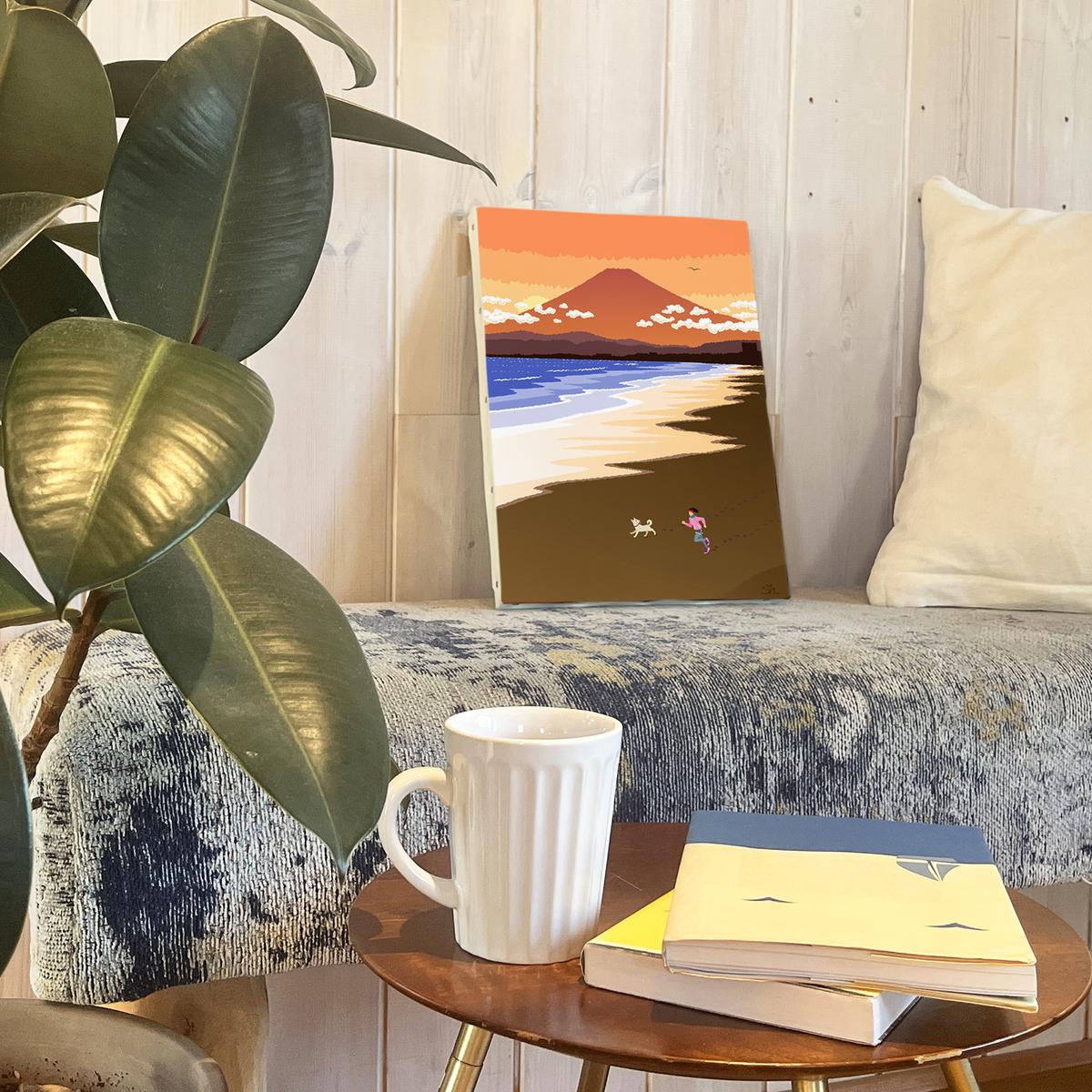 湘南・茅ヶ崎で描く、海を感じるイラストアート 『 湘南ランドスケープ11：湘南の富士と夕焼けの軌跡 』　キャンバスアートパネル（中） /絵画 風景 犬 猫