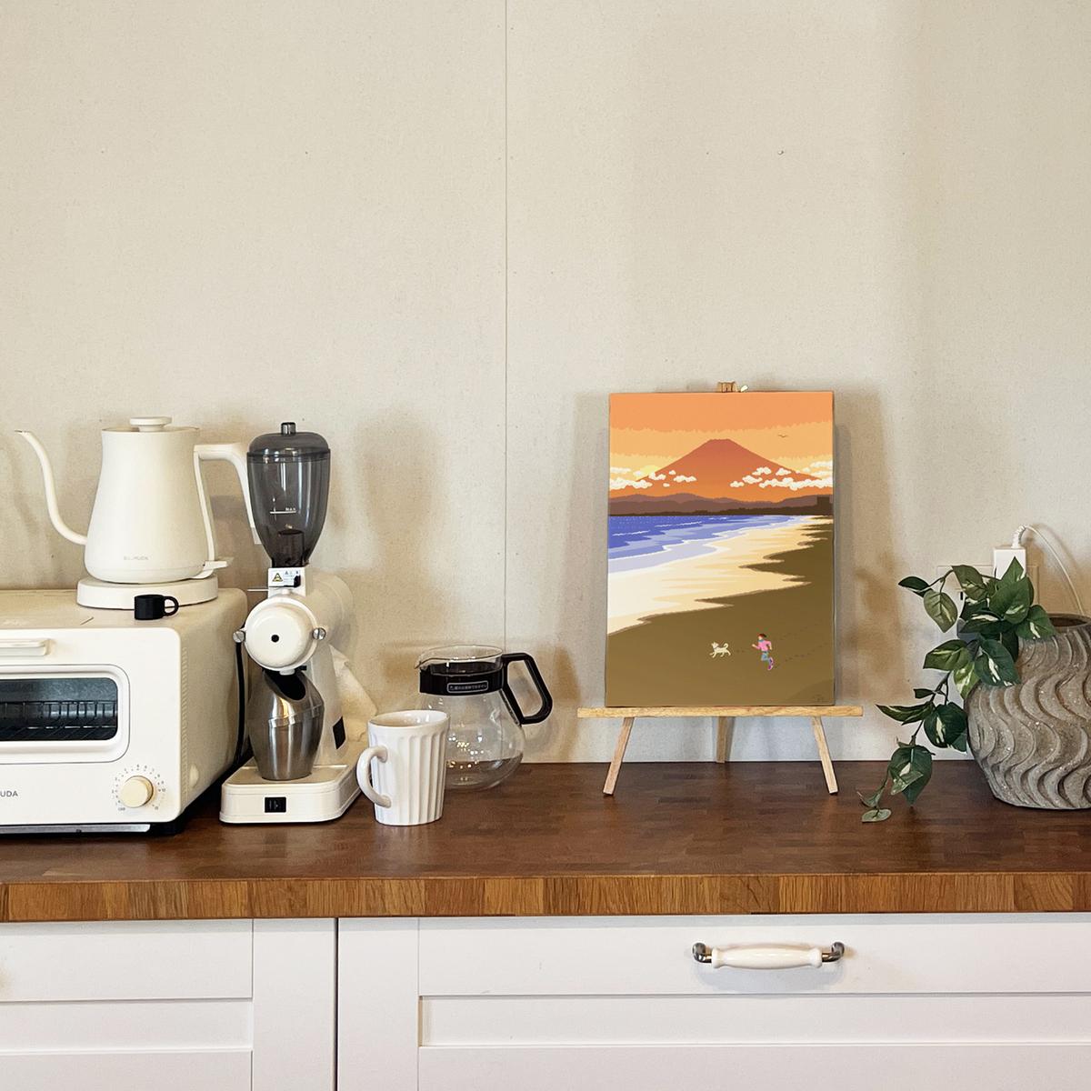 湘南・茅ヶ崎で描く、海を感じるイラストアート 『 湘南ランドスケープ11：湘南の富士と夕焼けの軌跡 』　キャンバスアートパネル（中） /絵画 風景 犬 猫