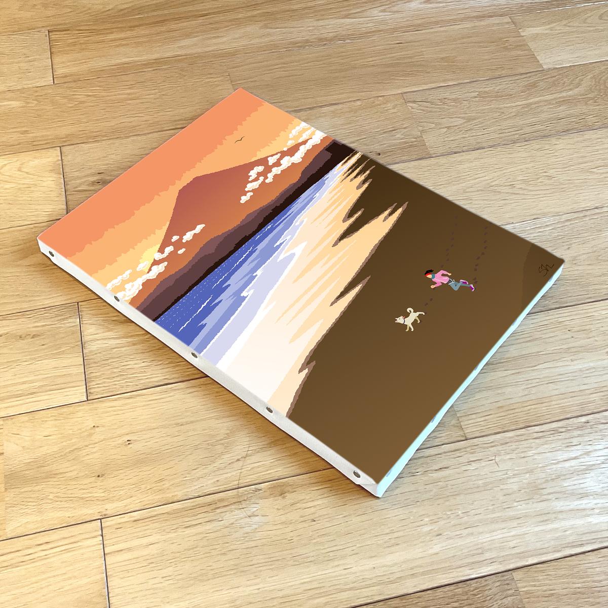 湘南・茅ヶ崎で描く、海を感じるイラストアート 『 湘南ランドスケープ11：湘南の富士と夕焼けの軌跡 』　キャンバスアートパネル（中） /絵画 風景 犬 猫