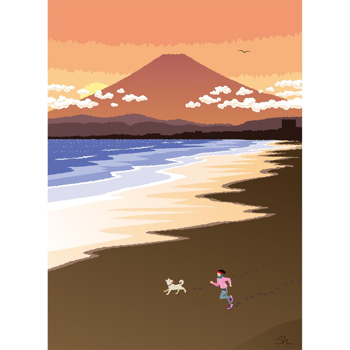 湘南・茅ヶ崎で描く、海を感じるイラストアート 『 湘南ランドスケープ11：湘南の富士と夕焼けの軌跡 』　キャンバスアートパネル（中） /絵画 風景 犬 猫