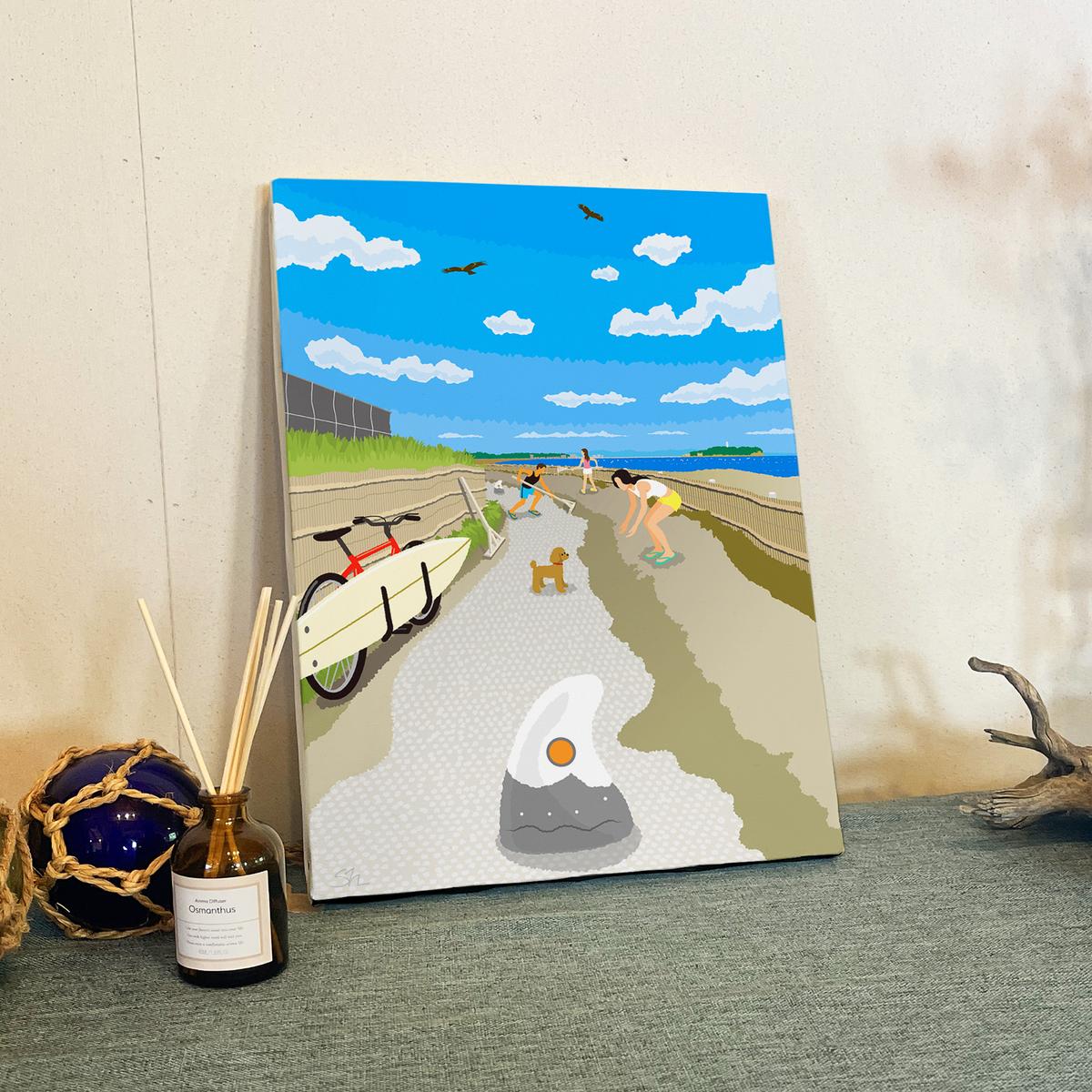 湘南・茅ヶ崎で描く、海を感じるイラストアート 『 湘南ランドスケープ12：茅ヶ崎から江ノ島へ、湘南サイクリングロード 』　キャンバスアートパネル（中） /絵画 風景 犬 猫