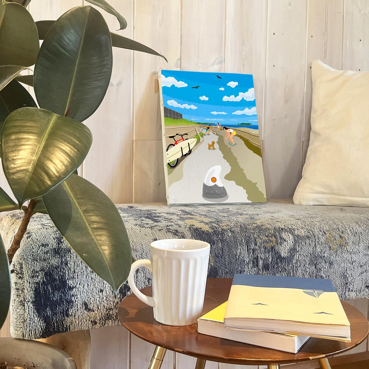 湘南・茅ヶ崎で描く、海を感じるイラストアート 『 湘南ランドスケープ12：茅ヶ崎から江ノ島へ、湘南サイクリングロード 』　キャンバスアートパネル（中） /絵画 風景 犬 猫