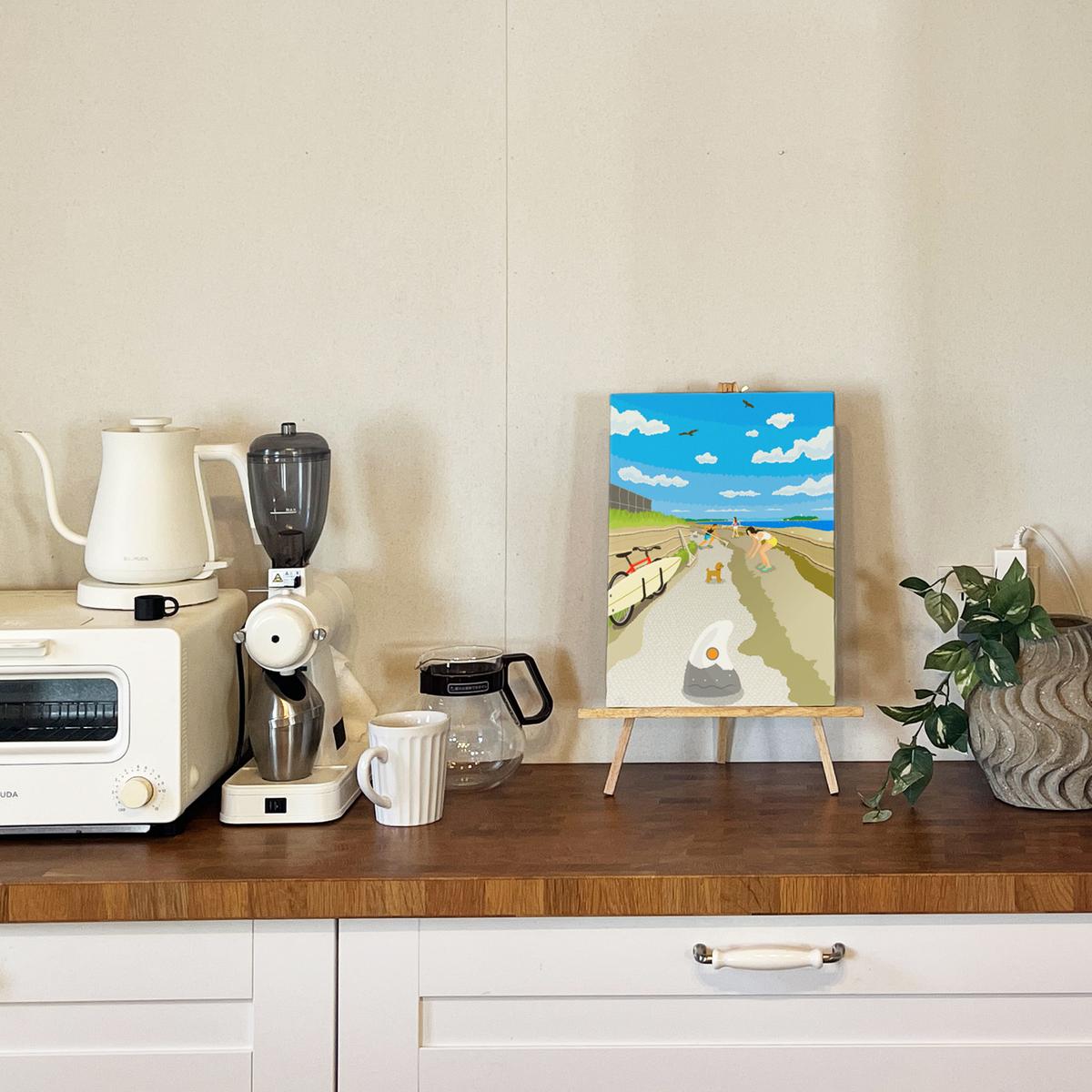 湘南・茅ヶ崎で描く、海を感じるイラストアート 『 湘南ランドスケープ12：茅ヶ崎から江ノ島へ、湘南サイクリングロード 』　キャンバスアートパネル（中） /絵画 風景 犬 猫