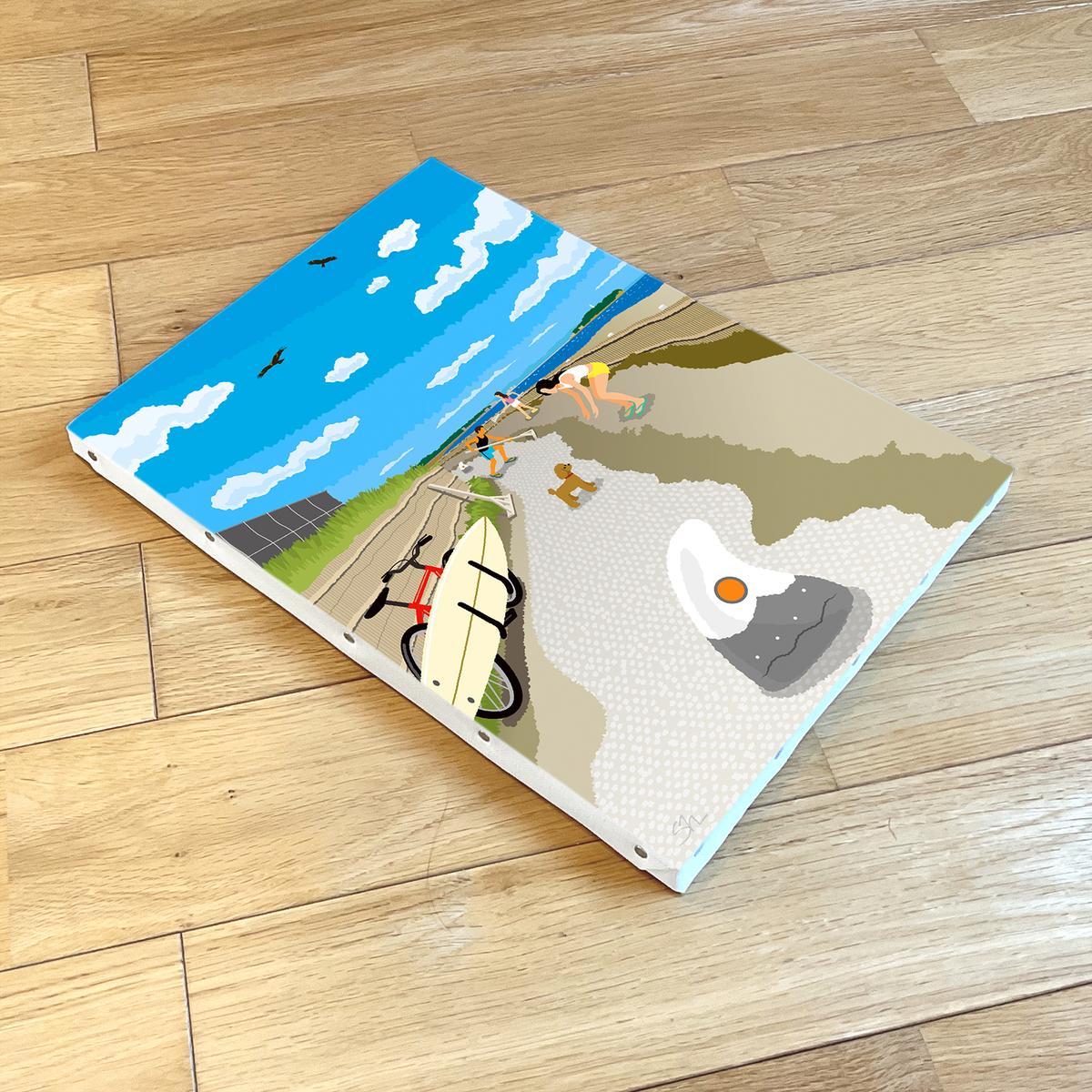 湘南・茅ヶ崎で描く、海を感じるイラストアート 『 湘南ランドスケープ12：茅ヶ崎から江ノ島へ、湘南サイクリングロード 』　キャンバスアートパネル（中） /絵画 風景 犬 猫