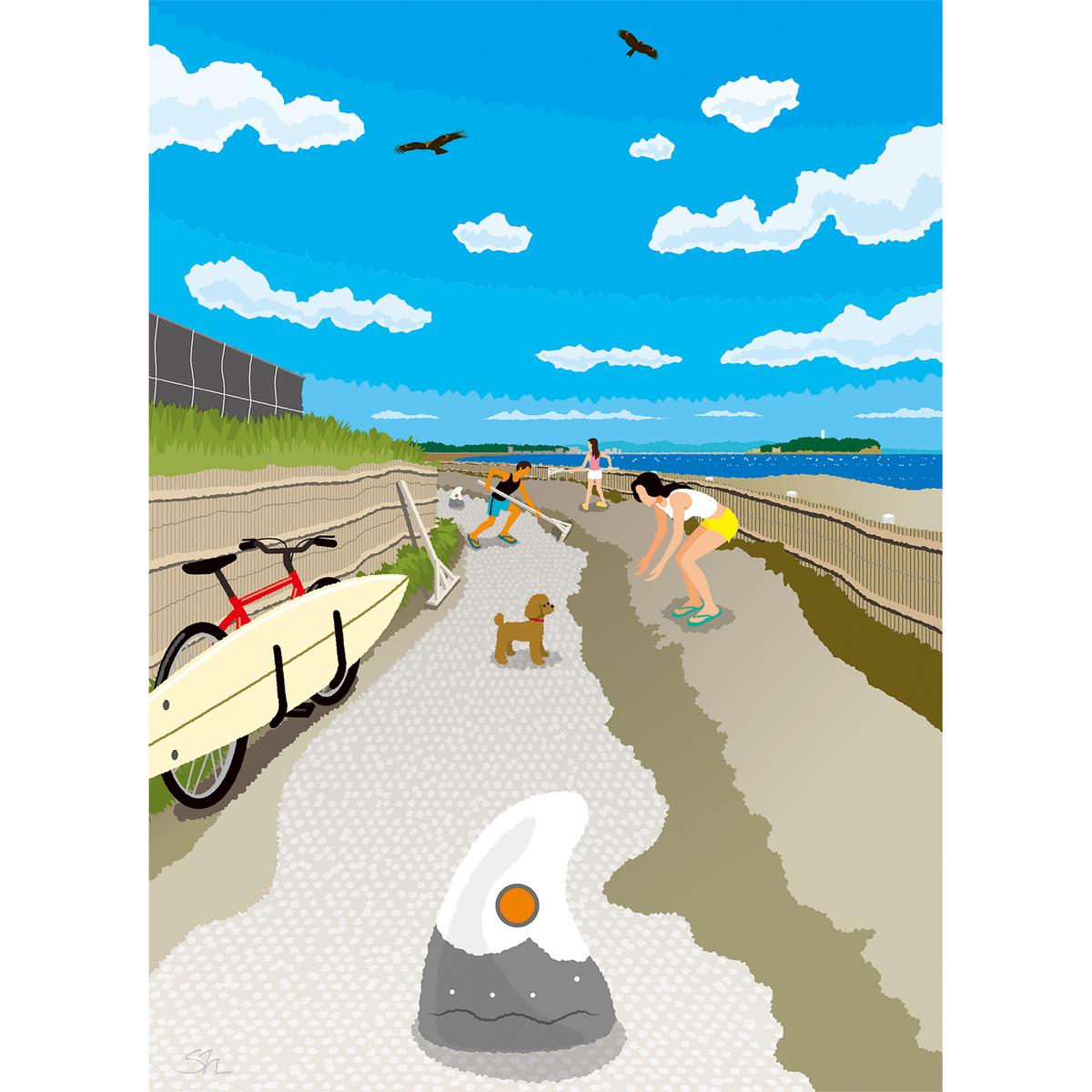 湘南・茅ヶ崎で描く、海を感じるイラストアート 『 湘南ランドスケープ12：茅ヶ崎から江ノ島へ、湘南サイクリングロード 』　キャンバスアートパネル（中） /絵画 風景 犬 猫