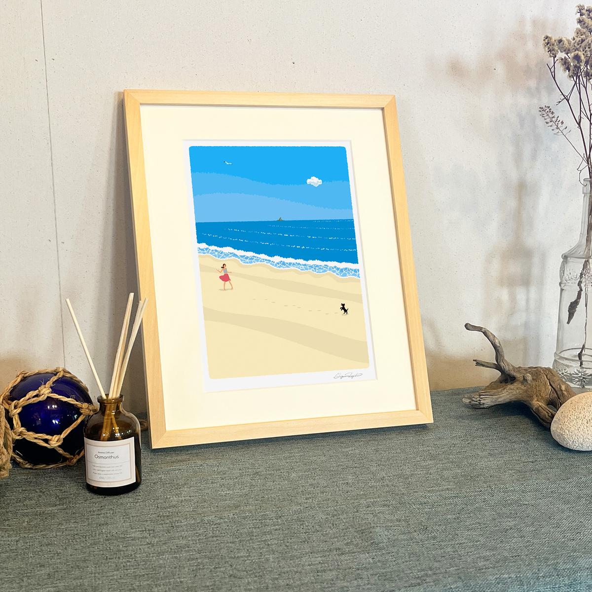 湘南・茅ヶ崎で描く、海を感じるイラストアート 『 湘南ランドスケープ01：波打ち際のキャッチボール 』 ジークレーアートフレーム （小） /絵画　風景　版画