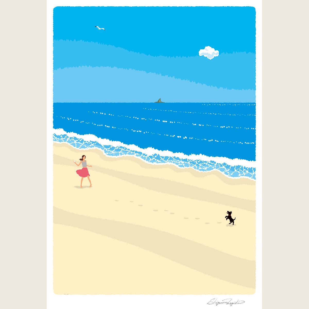 湘南・茅ヶ崎で描く、海を感じるイラストアート 『 湘南ランドスケープ01：波打ち際のキャッチボール 』 ジークレーアートフレーム （小） /絵画　風景　版画