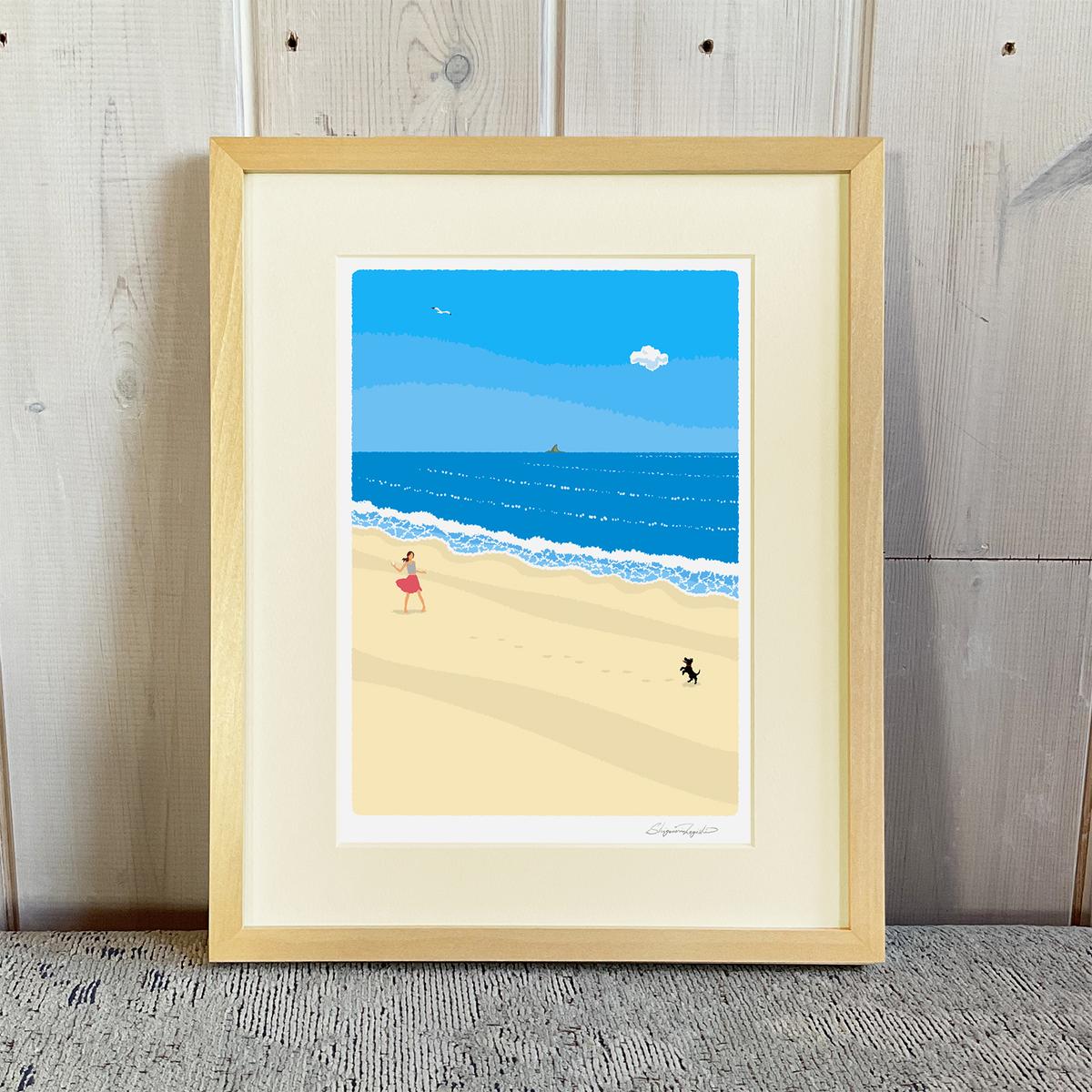 湘南・茅ヶ崎で描く、海を感じるイラストアート 『 湘南ランドスケープ01：波打ち際のキャッチボール 』 ジークレーアートフレーム （小） /絵画　風景　版画