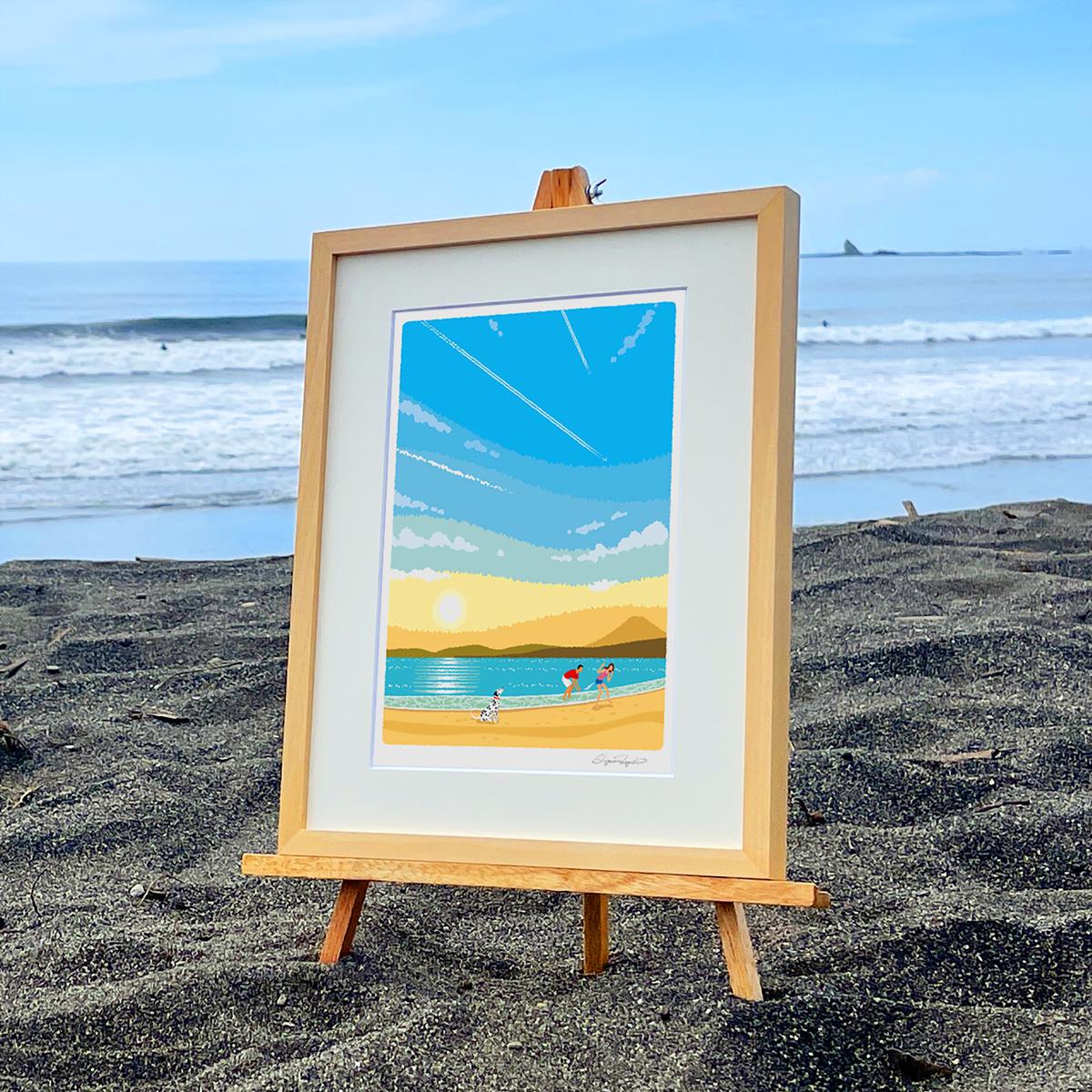 湘南・茅ヶ崎で描く、海を感じるイラストアート 『 湘南ランドスケープ02：ひこうき雲 』 ジークレーアートフレーム （小） /絵画　風景　版画