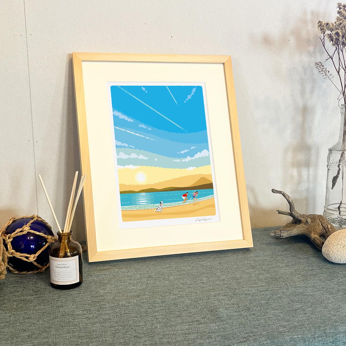 湘南・茅ヶ崎で描く、海を感じるイラストアート 『 湘南ランドスケープ02：ひこうき雲 』 ジークレーアートフレーム （小） /絵画　風景　版画