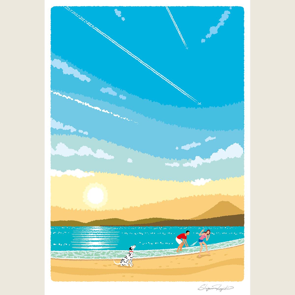 湘南・茅ヶ崎で描く、海を感じるイラストアート 『 湘南ランドスケープ02：ひこうき雲 』 ジークレーアートフレーム （小） /絵画　風景　版画