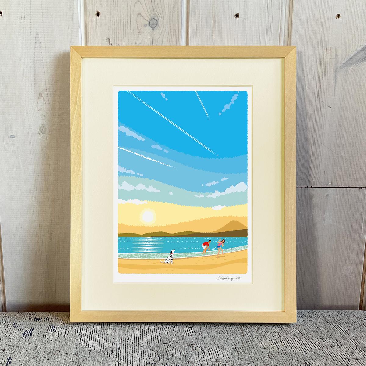 湘南・茅ヶ崎で描く、海を感じるイラストアート 『 湘南ランドスケープ02：ひこうき雲 』 ジークレーアートフレーム （小） /絵画　風景　版画