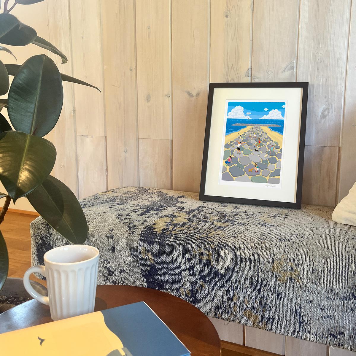 湘南・茅ヶ崎で描く、海を感じるイラストアート 『 湘南ランドスケープ03：茅ヶ崎　ヘッドランド 』 ジークレーアートフレーム （小）/絵画　風景　版画