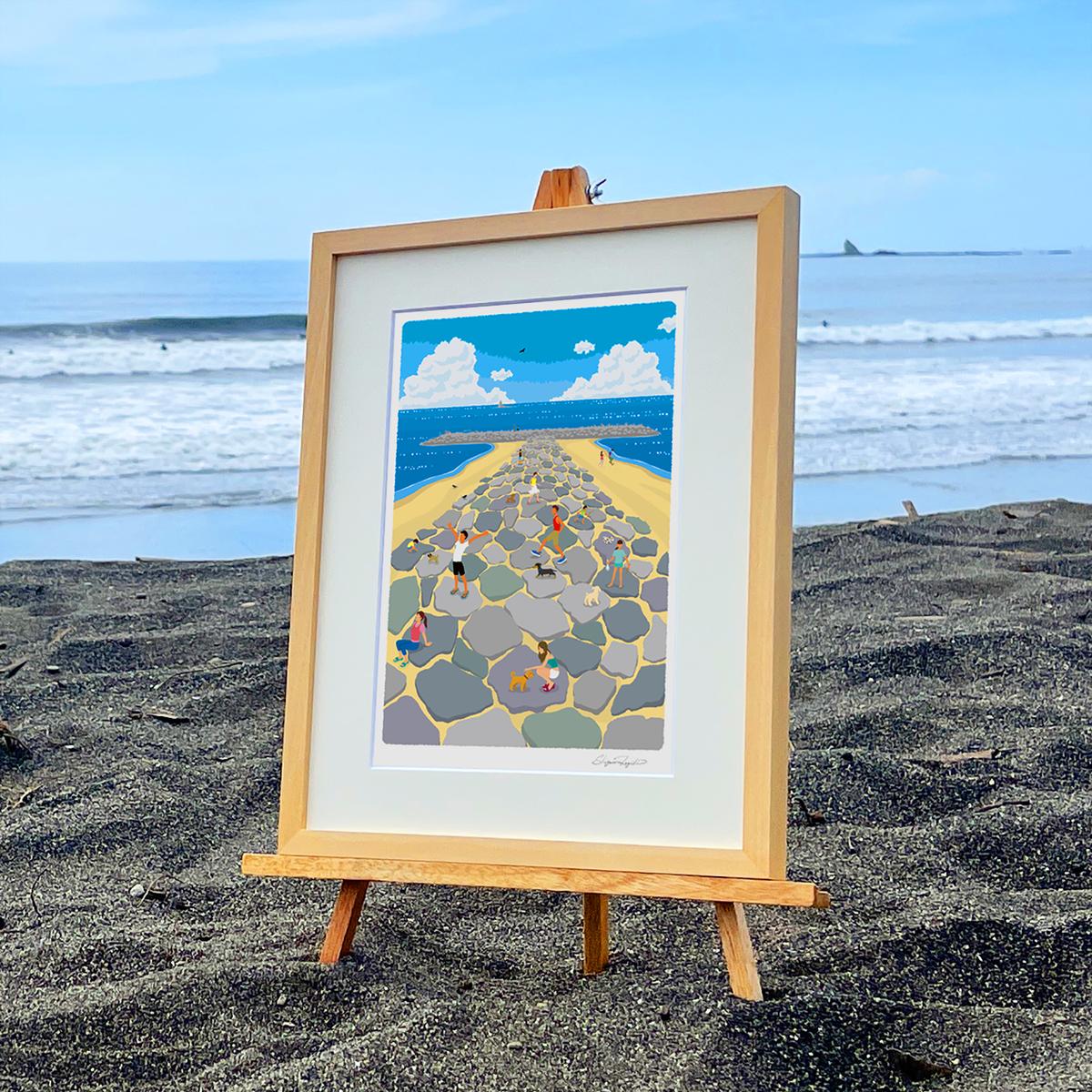 湘南・茅ヶ崎で描く、海を感じるイラストアート 『 湘南ランドスケープ03：茅ヶ崎　ヘッドランド 』 ジークレーアートフレーム （小）/絵画　風景　版画