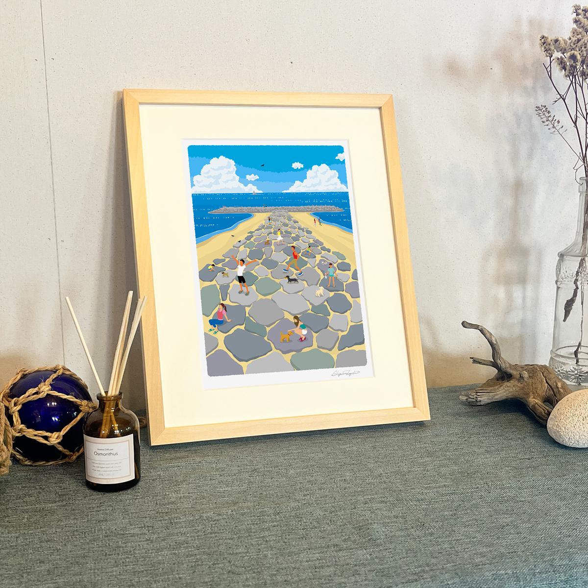 湘南・茅ヶ崎で描く、海を感じるイラストアート 『 湘南ランドスケープ03：茅ヶ崎　ヘッドランド 』 ジークレーアートフレーム （小）/絵画　風景　版画