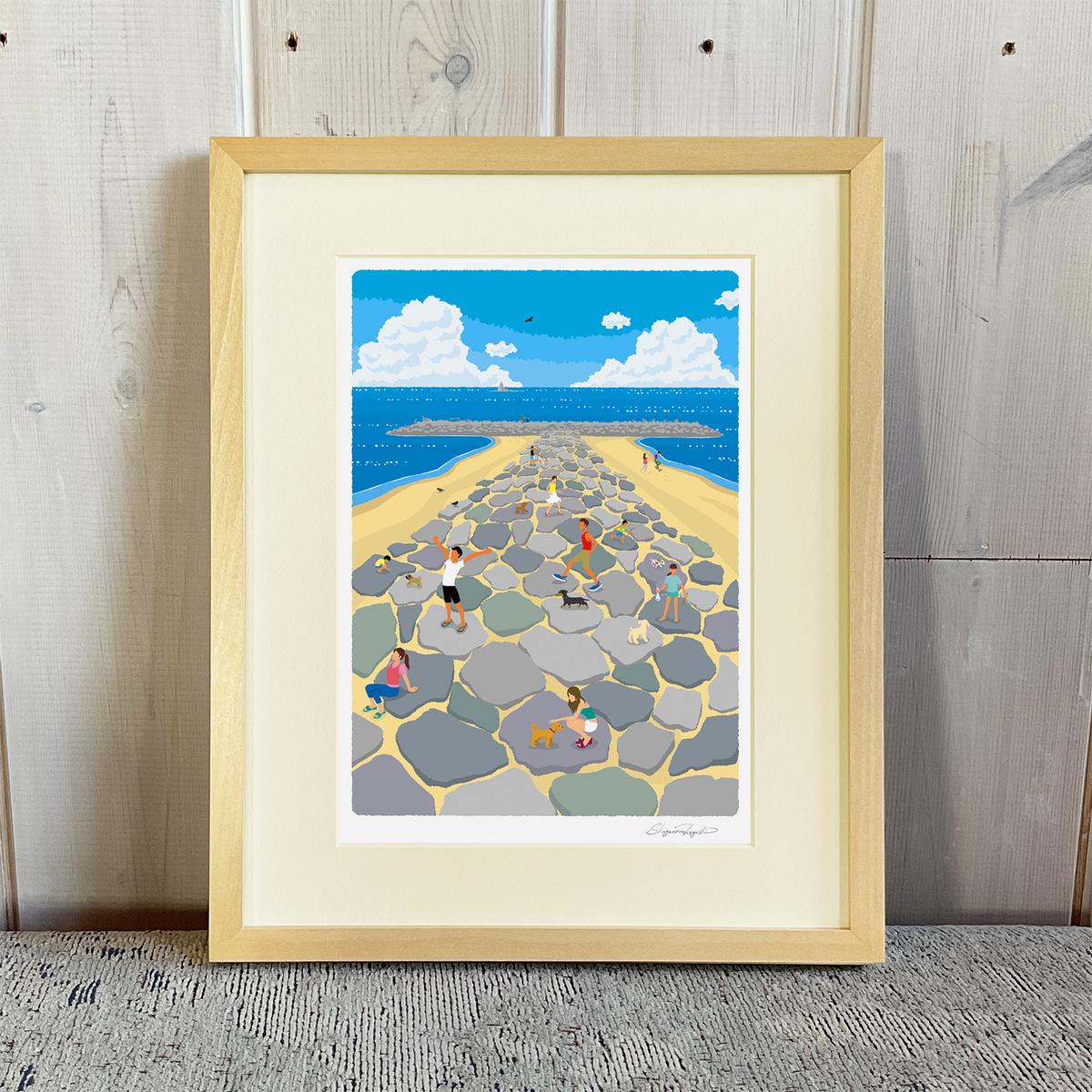 湘南・茅ヶ崎で描く、海を感じるイラストアート 『 湘南ランドスケープ03：茅ヶ崎　ヘッドランド 』 ジークレーアートフレーム （小）/絵画　風景　版画