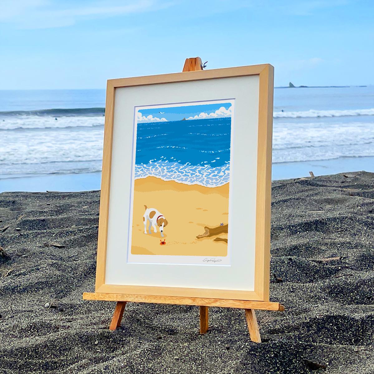 湘南・茅ヶ崎で描く、海を感じるイラストアート 『 湘南ランドスケープ04：渚の遭遇 』 ジークレーアートフレーム （小） /絵画　風景　版画
