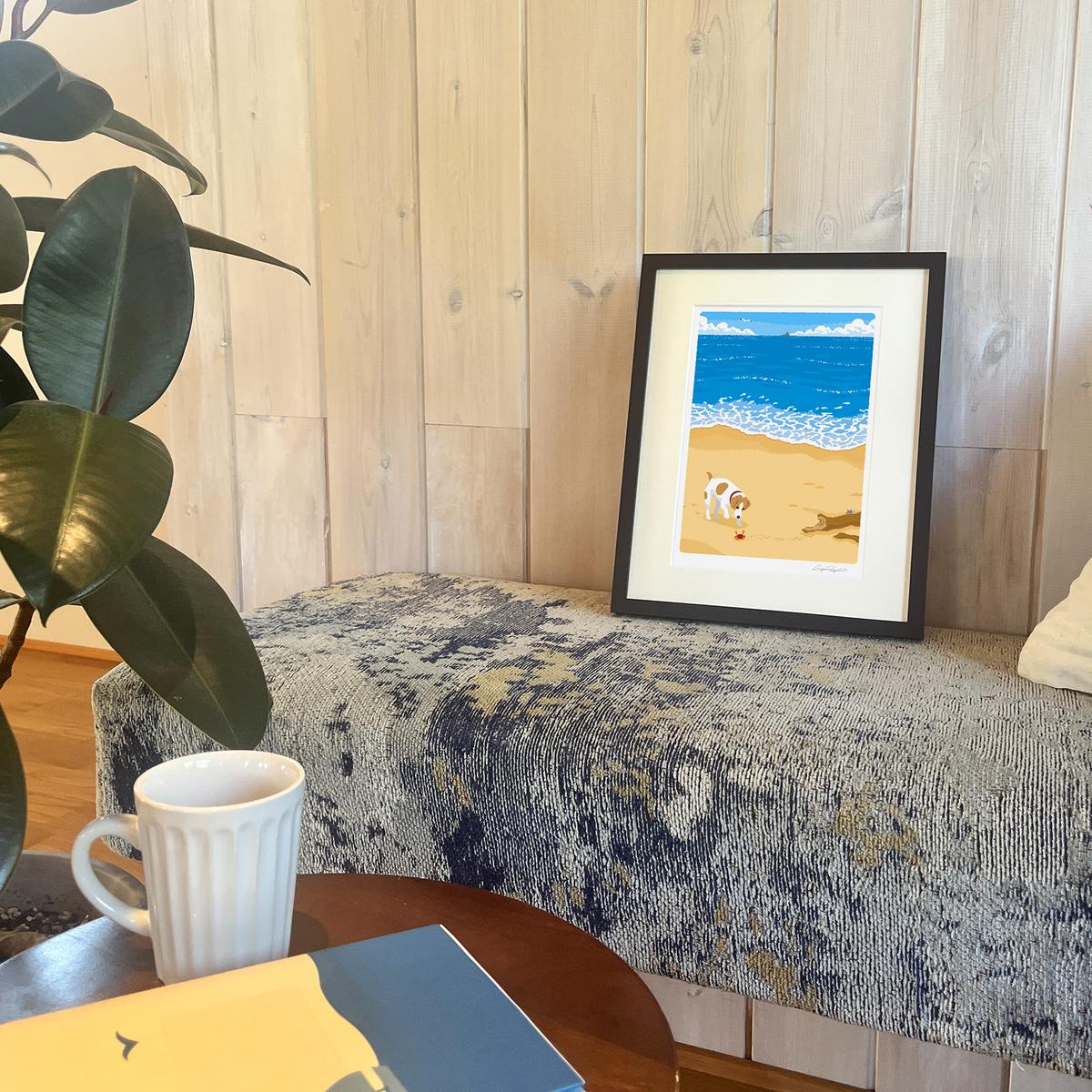 湘南・茅ヶ崎で描く、海を感じるイラストアート 『 湘南ランドスケープ04：渚の遭遇 』 ジークレーアートフレーム （小） /絵画　風景　版画