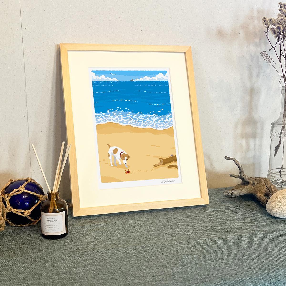 湘南・茅ヶ崎で描く、海を感じるイラストアート 『 湘南ランドスケープ04：渚の遭遇 』 ジークレーアートフレーム （小） /絵画　風景　版画
