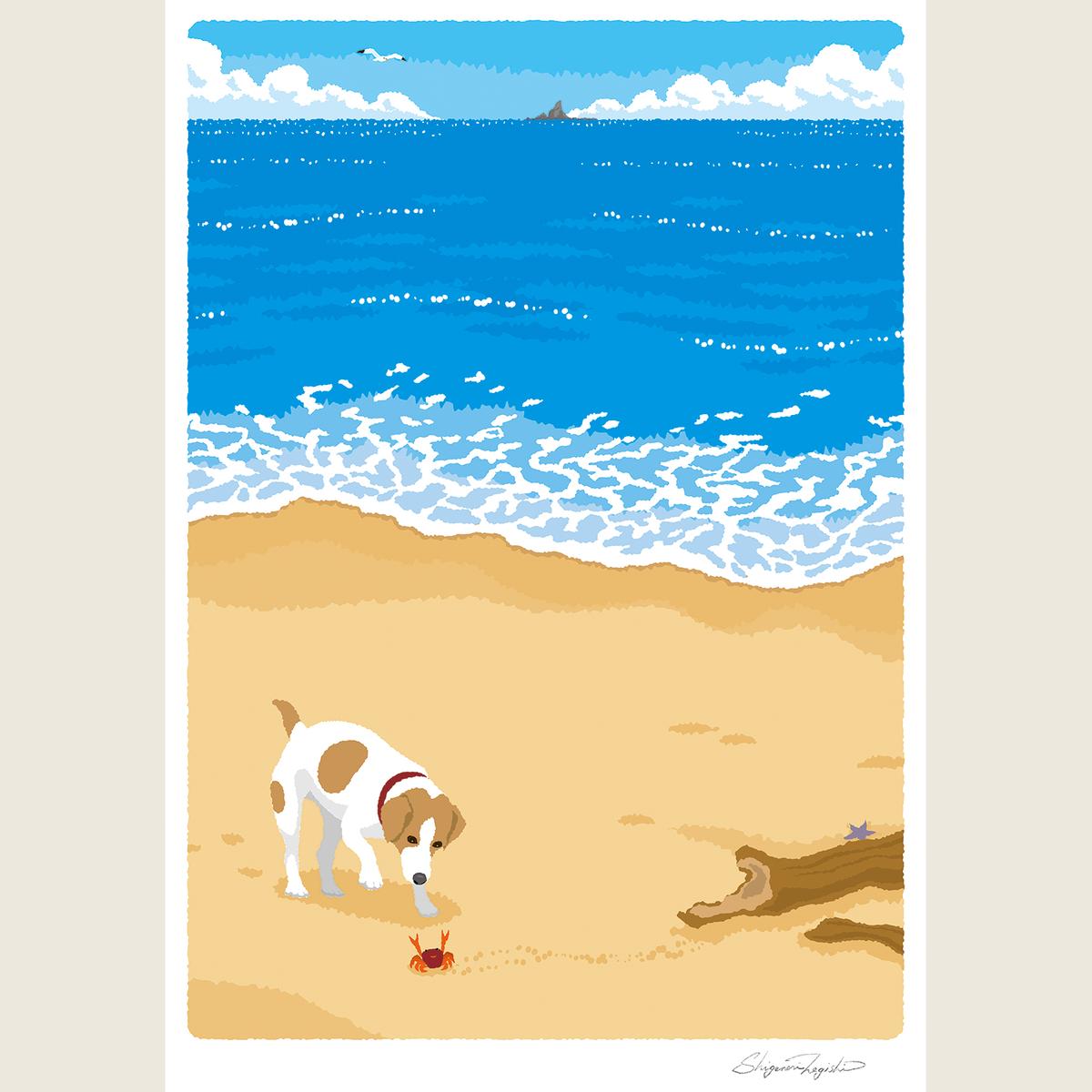 湘南・茅ヶ崎で描く、海を感じるイラストアート 『 湘南ランドスケープ04：渚の遭遇 』 ジークレーアートフレーム （小） /絵画　風景　版画